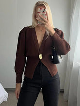 Load image into Gallery viewer, women’s fall sweater, Trendy fall cardigan for women featuring deep V-neckline, puff sleeves, and cinched waist quiet luxury knitwear for effortless autumn outfits, workwear layering, and coffee-date style, capsule wardrobe sweater, Pinterest outfit cardigan.