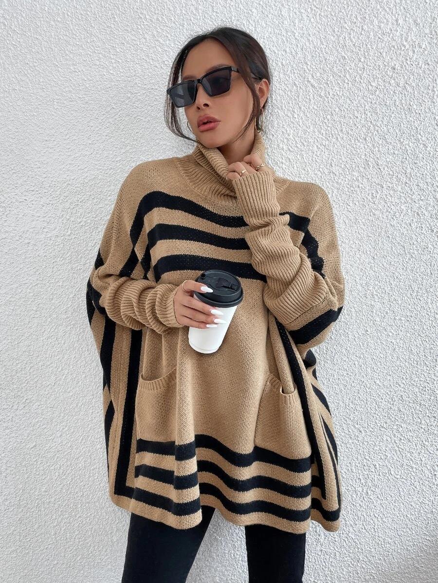 cozy oversized knit sweater women, fall turtleneck poncho sweater women, classic camel turtleneck pullover women, Batwing sleeve sweater women with camel oversized turtleneck and color block turtleneck sweater pattern, winter knit poncho top women style, soft touch striped winter poncho for travel and cold-weather layering outfits.