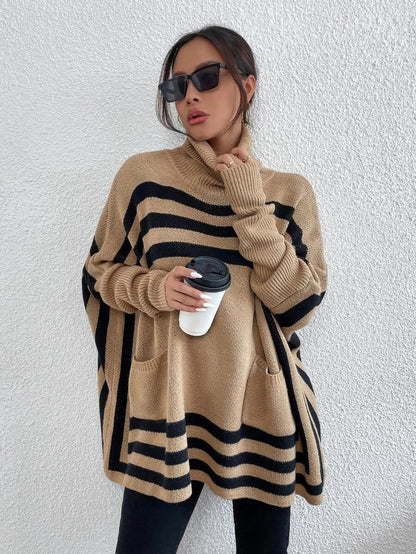 cozy oversized knit sweater women, fall turtleneck poncho sweater women, classic camel turtleneck pullover women, Batwing sleeve sweater women with camel oversized turtleneck and color block turtleneck sweater pattern, winter knit poncho top women style, soft touch striped winter poncho for travel and cold-weather layering outfits.