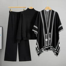 Load image into Gallery viewer, mock neck sweater styling, knit set for travel, Black 3 piece knit lounge set for women cozy chic airport and fall fashion outfit, how to style 3 piece knit set, Chic Lounge Set, Fall Knit Outfit, 3 Piece Set Women, cozy oversized knitwear sets, co-ord set women.