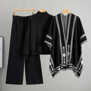 mock neck sweater styling, knit set for travel, Black 3 piece knit lounge set for women cozy chic airport and fall fashion outfit, how to style 3 piece knit set, Chic Lounge Set, Fall Knit Outfit, 3 Piece Set Women, cozy oversized knitwear sets, co-ord set women.
