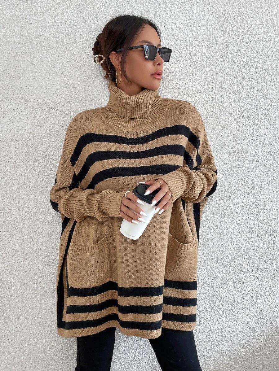 Oversized camel poncho sweater with pockets, geometric stripe poncho turtleneck for women, cozy turtleneck sweater women style, fall turtleneck poncho sweater women outfit for warm winter layering and everyday chic, cozy turtleneck sweater women, patch pockets sweater women, turtleneck poncho sweater.