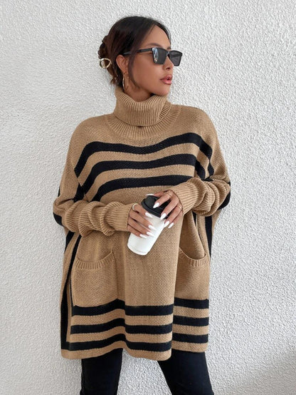 Oversized camel poncho sweater with pockets, geometric stripe poncho turtleneck for women, cozy turtleneck sweater women style, fall turtleneck poncho sweater women outfit for warm winter layering and everyday chic, cozy turtleneck sweater women, patch pockets sweater women, turtleneck poncho sweater.