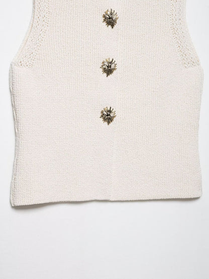 Classy Cream Knit Vest with Gold Buttons | Sleeveless Layering Vest | Cropped Knit Top for Brunch & Workwear
