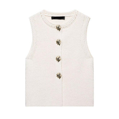 Classy Cream Knit Vest with Gold Buttons | Sleeveless Layering Vest | Cropped Knit Top for Brunch & Workwear