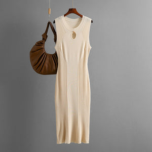 layering dress, cream color bodycon dress for layering, knit bodycon midi dress, ribbed knit dress, Sleeveless viscose knit slim-fit midi dress round neckline dress perfect for cocktail outfit, summer evening dress, minimalist chic aesthetic in cream, black, red, grey.
