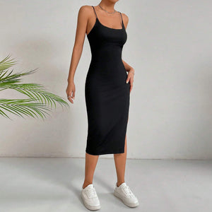 Women’s black bodycon slit midi dress, spaghetti strap ribbed knit LBD, affordable little black dress for cocktails, girls’ night outfit, chic black midi dress for travel or vacation style.