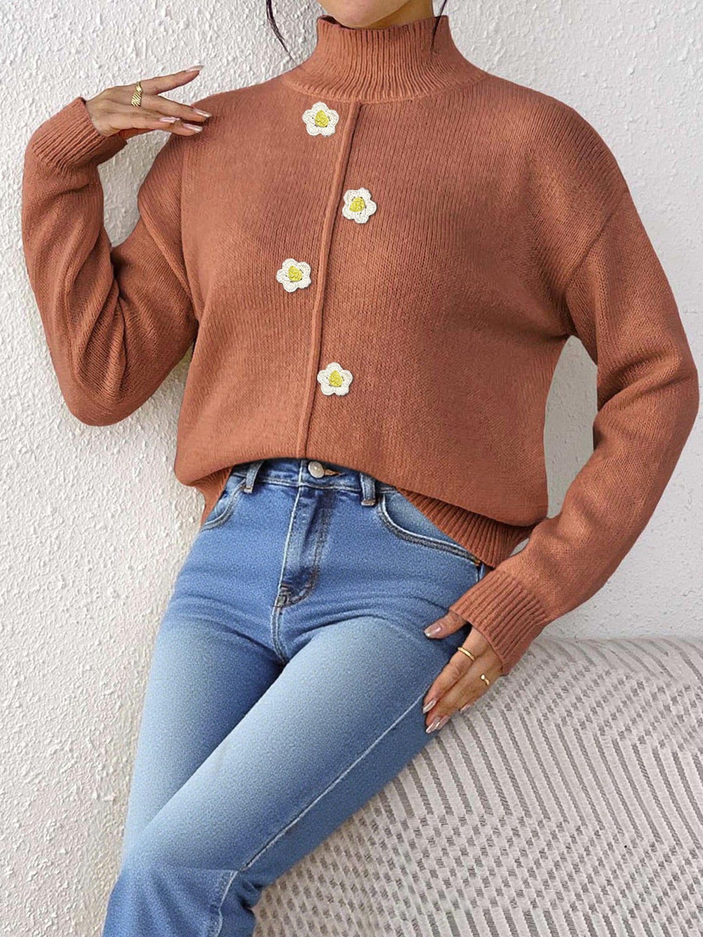 brown quiet luxury sweater, wool blend sweater Women’s brown wool-blend high-neck sweater featuring daisy buttons, stylish fall knit top for soft girl aesthetic, winter capsule wardrobe essential for everyday outfits, cute fall sweaters for women.