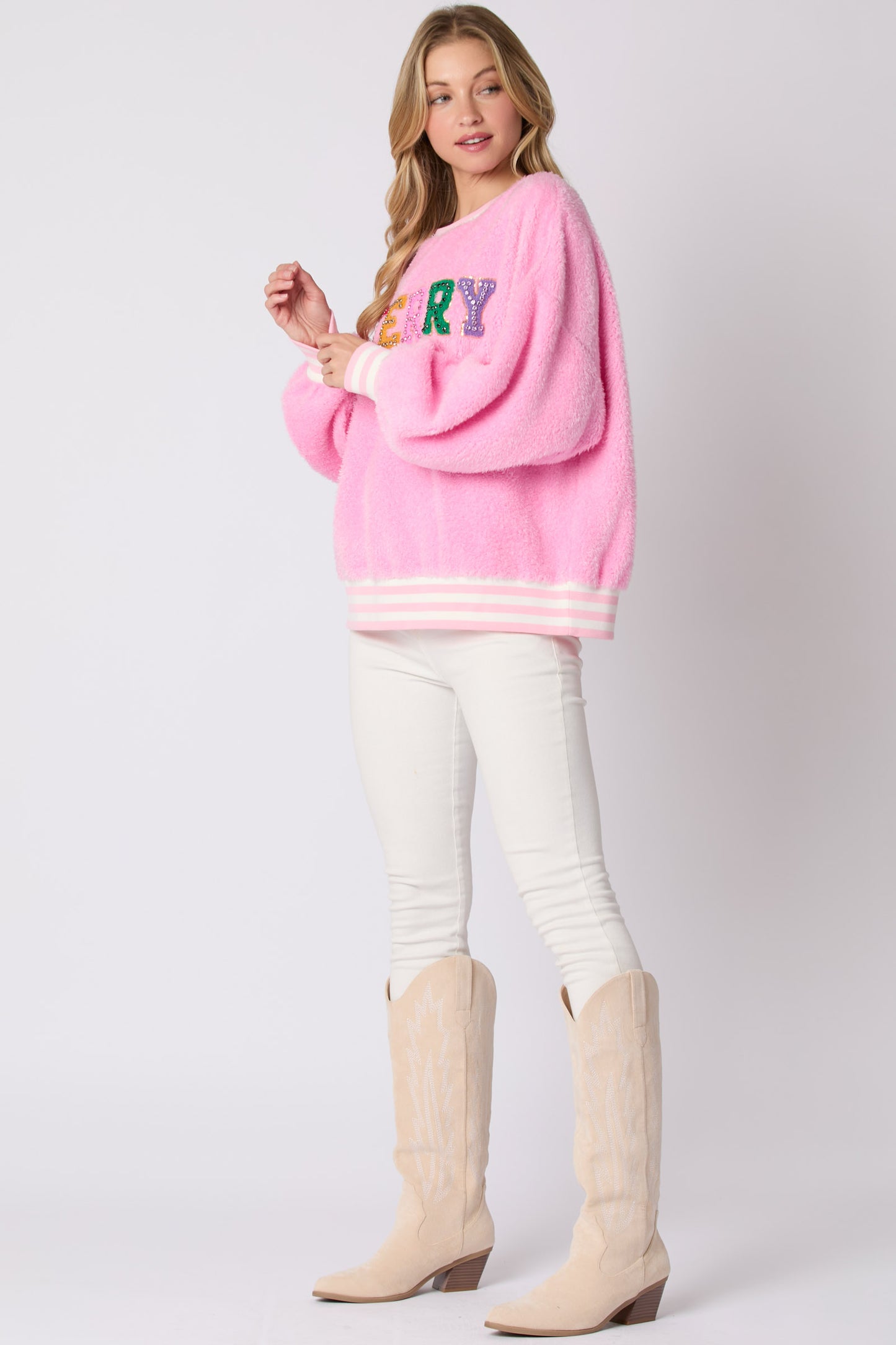 crew neck oversized sweatshirt, cute holiday sweatshirt women, festive fuzzy sweater women, chunky knit womens jumper, womens holiday sweater, cute holiday sweatshirt women, cozy pink fuzzy sweatshirt for women, cozy sweaters women, sparkly christmas top for women, comfortable fuzzy sweatshirt for all-day wear.