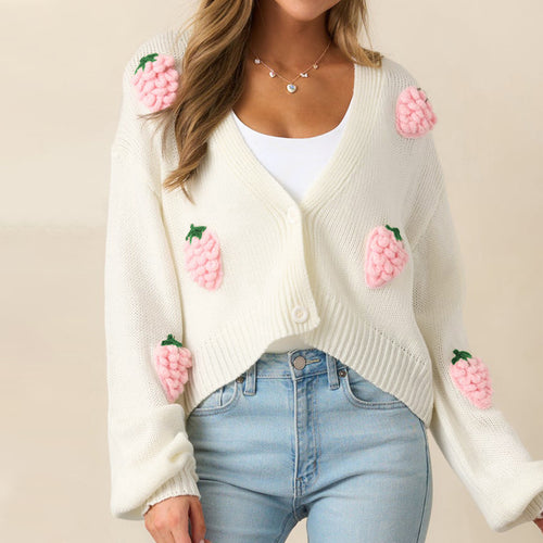 Strawberry knit cardigan sweater for women featuring 3D strawberry details, cropped V-neck button-down design and cozy fall knitwear aesthetic, perfect cute fall cardigan outfit idea
