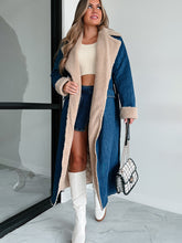 Load image into Gallery viewer, Denim Trench Coat, womens trench coat, Long Denim Jacket Women, Sherpa Coat, Denim Parka, parka coat, sherpa lining coat, Parka for Women, stylish coats for women, dressy winter coat, women&#39;s winter coats &amp; jackets, womens parka coat, womens belted winter coat, womens trench coat, coats and jackets, long parka coat for women, women&#39;s dual toned trench coat, formal trench coat, denim trench coat women, fall aesthtic coat, winter womens trench coat, fall season trench coat.