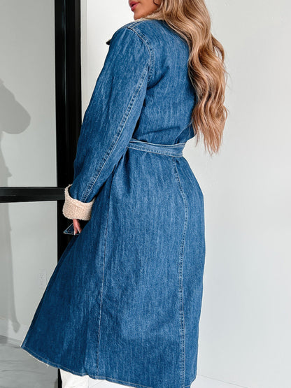 Denim Trench Coat, womens trench coat, Long Denim Jacket Women, Sherpa Coat, Denim Parka, parka coat, sherpa lining coat, Parka for Women, stylish coats for women, dressy winter coat, women's winter coats & jackets, womens parka coat, womens belted winter coat, womens trench coat, coats and jackets