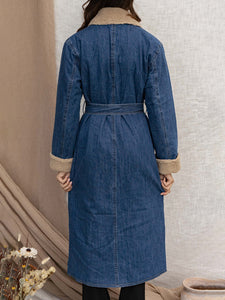 Denim Trench Coat, womens trench coat, Long Denim Jacket Women, Sherpa Coat, Denim Parka, parka coat, sherpa lining coat, Parka for Women, stylish coats for women, dressy winter coat, women's winter coats & jackets, womens parka coat, womens belted winter coat, womens trench coat, coats and jackets, long parka coat for women, women's dual toned trench coat