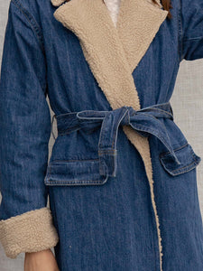 Denim Trench Coat, womens trench coat, Long Denim Jacket Women, Sherpa Coat, Denim Parka, parka coat, sherpa lining coat, Parka for Women, stylish coats for women, dressy winter coat.