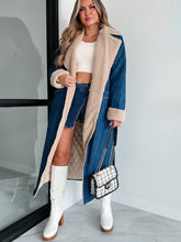 Load image into Gallery viewer, Denim Trench Coat, womens trench coat, Long Denim Jacket Women, Sherpa Coat, Denim Parka, parka coat, sherpa lining coat, Parka for Women, stylish coats for women, dressy winter coat, women&#39;s winter coats &amp; jackets, womens parka coat, womens belted winter coat, womens trench coat, coats and jackets, long parka coat for women, women&#39;s dual toned trench coat.