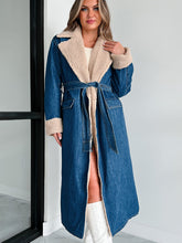 Load image into Gallery viewer, Denim Trench Coat, womens trench coat, Long Denim Jacket Women, Sherpa Coat, Denim Parka, parka coat, sherpa lining coat, Parka for Women, stylish coats for women, dressy winter coat, women&#39;s winter coats &amp; jackets, womens parka coat, womens belted winter coat, womens trench coat, coats and jackets, long parka coat for women, women&#39;s dual toned trench coat, formal trench coat, denim trench coat women.