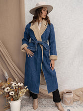 Load image into Gallery viewer, Denim Trench Coat, womens trench coat, Long Denim Jacket Women, Sherpa Coat, Denim Parka, parka coat, sherpa lining coat, Parka for Women, stylish coats for women, dressy winter coat, women&#39;s winter coats &amp; jackets, womens parka coat, womens belted winter coat, womens trench coat, coats and jackets, long parka coat for women, women&#39;s dual toned trench coat, formal trench coat, denim trench coat women, fall aesthetic coat.