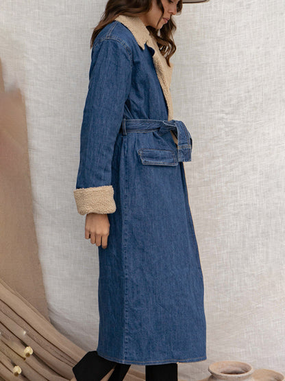 Denim Trench Coat, womens trench coat, Long Denim Jacket Women, Sherpa Coat, Denim Parka, parka coat, sherpa lining coat, Parka for Women, stylish coats for women, dressy winter coat, women's winter coats & jackets, womens parka coat, womens belted winter coat, womens trench coat, coats and jackets, long parka coat for women, women's dual toned trench coat.
