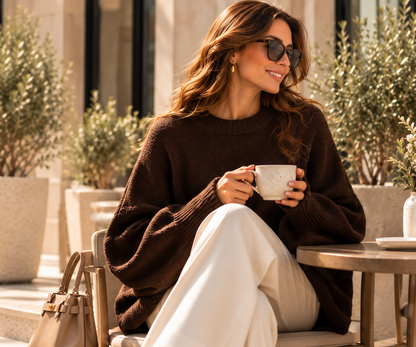 dark brown oversized knit sweater, smart casual sweater, relaxed knit with wide batwing sleeves, long ribbed cuffs, classic crew neckline and elongated hem, styled as an oversized sweater smart casual essential with a clean contemporary aesthetic.