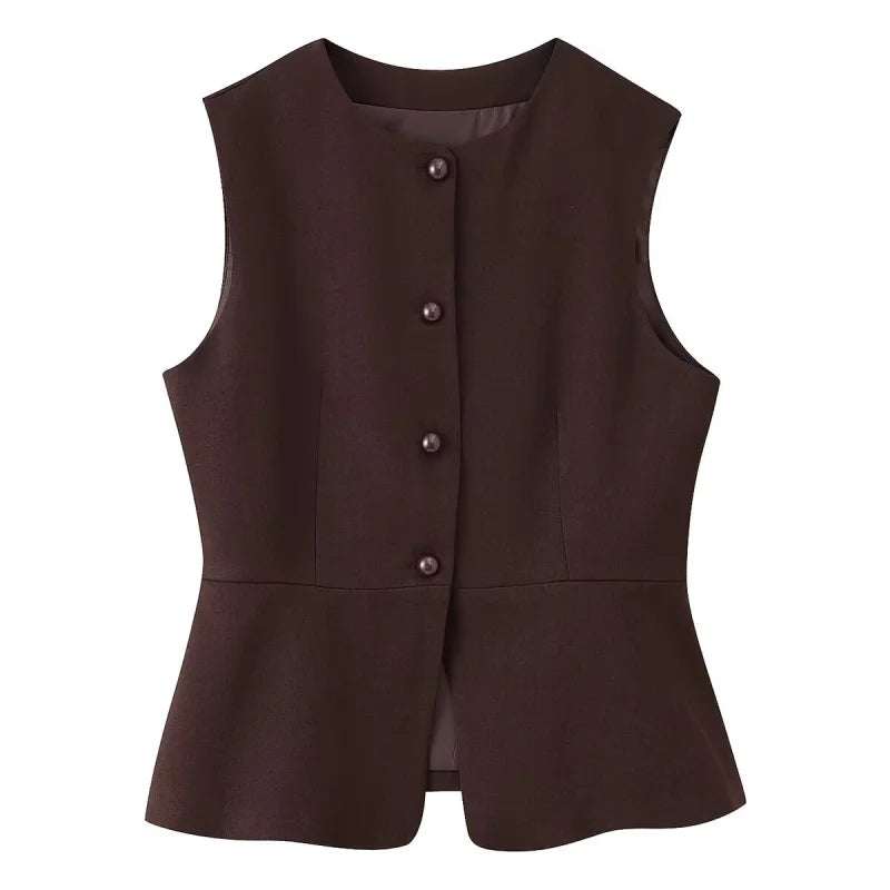 peplum vest top, sleeveless blazer vest women, Tailored peplum vest women, structured smooth fabric with fitted waist silhouette, sleeveless button front design, tailored peplum vest outfit women, perfect for business casual workwear, structured vest women.