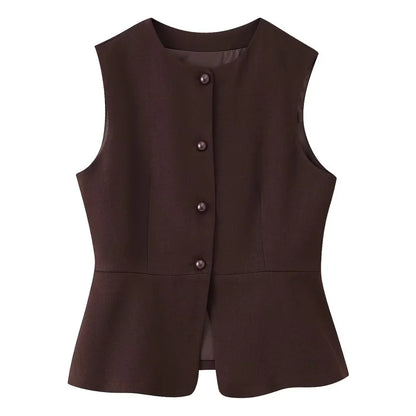 peplum vest top, sleeveless blazer vest women, Tailored peplum vest women, structured smooth fabric with fitted waist silhouette, sleeveless button front design, tailored peplum vest outfit women, perfect for business casual workwear, structured vest women.