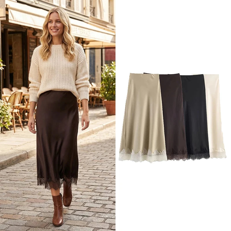 Satin midi skirt women with lace trim hem, smooth silky finish with bias cut silhouette, high waisted slim fit design, satin midi skirt with lace hem outfit women for date night outfits