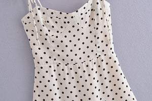 Spring Women Polka Dot Printed Waist-Controlled Tied Spaghetti-Strap Dress