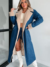 Load image into Gallery viewer, Denim Trench Coat, womens trench coat, Long Denim Jacket Women, Sherpa Coat, Denim Parka, parka coat, sherpa lining coat, Parka for Women, stylish coats for women, dressy winter coat, women&#39;s winter coats &amp; jackets, womens parka coat, womens belted winter coat, womens trench coat, coats and jackets, long parka coat for women, women&#39;s dual toned trench coat, formal trench coat, denim trench coat women, fall aesthtic coat, winter womens trench coat, fall season trench coat.