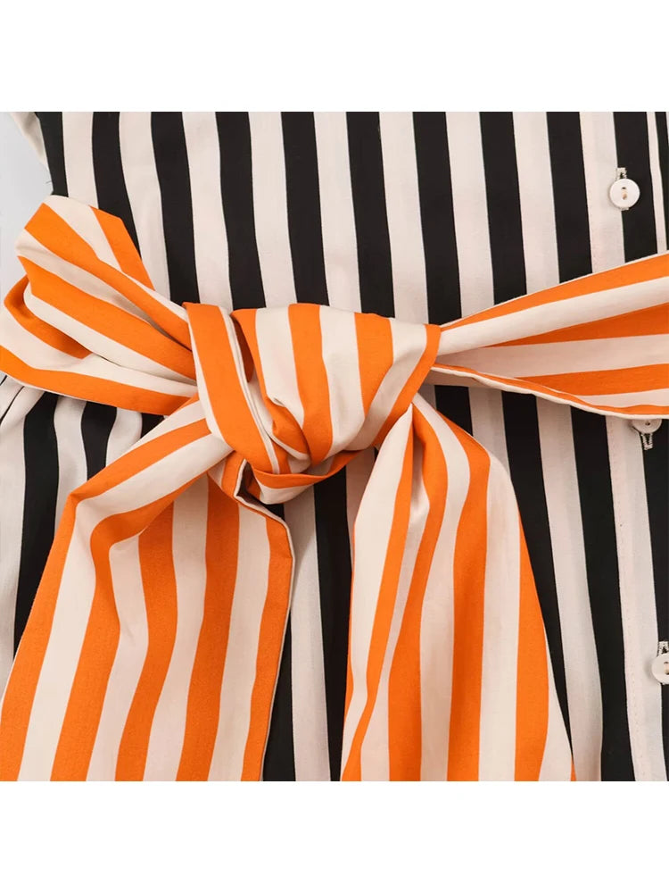 Boss Lady Black White Striped Shirt with Orange Waist Tie