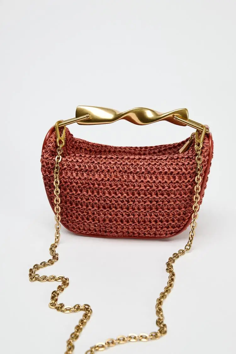 woven sling bag, designer half moon bag, Woven bucket bag, summer straw purse with metal sculptural handle, rooftop party accessory, casual chic summer brunch purse.