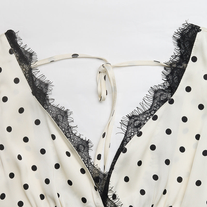 French Riviera Retro Polka Dot Maxi Dress With Lace Trim | Plunging V neck Empire waist maxi