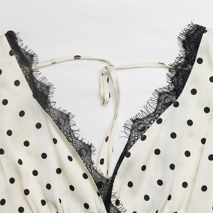 French Riviera Retro Polka Dot Maxi Dress With Lace Trim | Plunging V neck Empire waist maxi