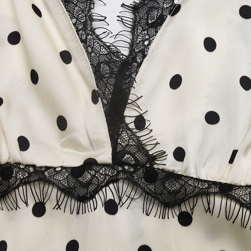French Riviera Retro Polka Dot Maxi Dress With Lace Trim | Plunging V neck Empire waist maxi