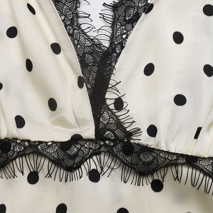 French Riviera Retro Polka Dot Maxi Dress With Lace Trim | Plunging V neck Empire waist maxi