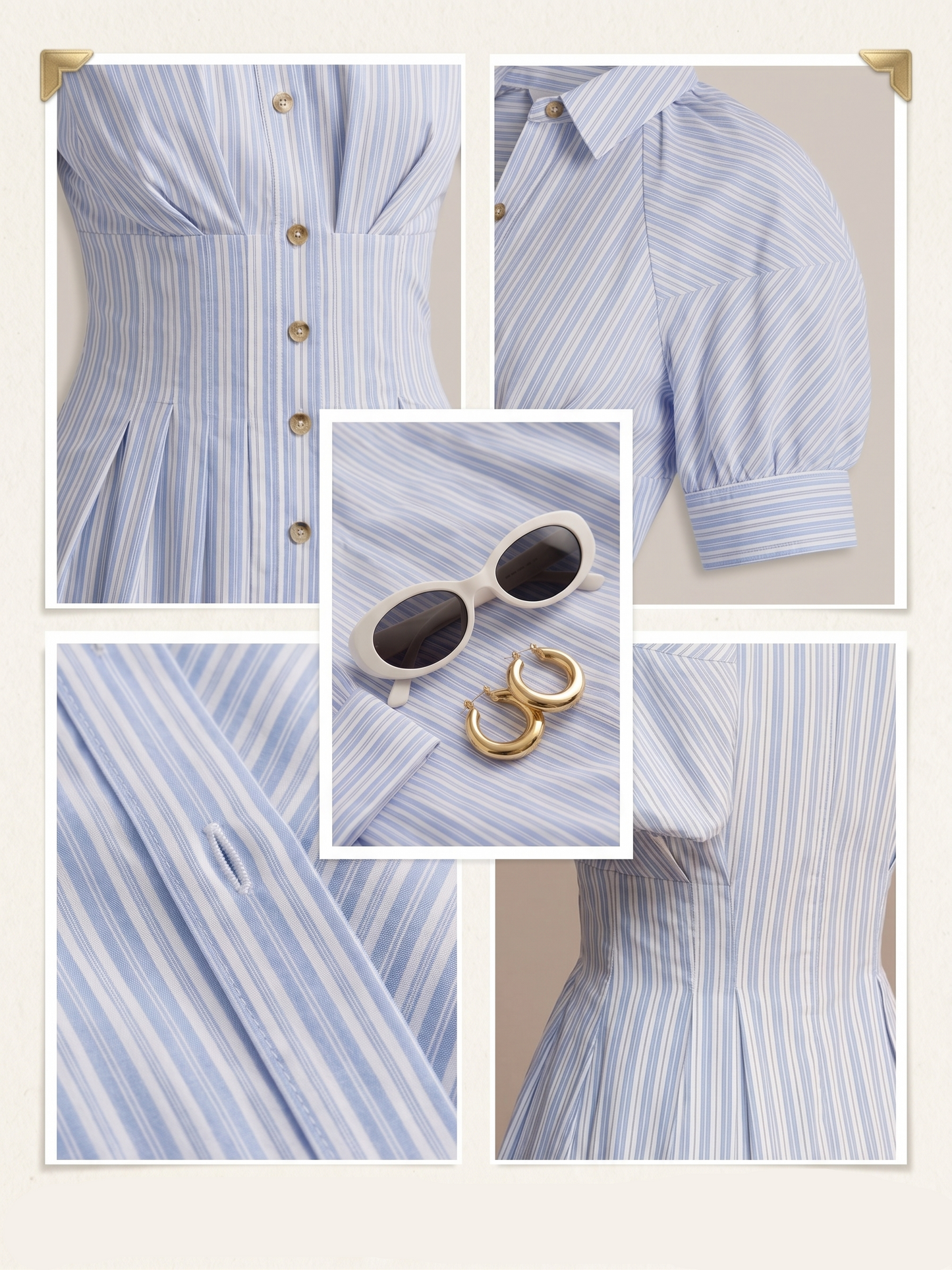 Bili Blue Striped Puff Sleeve Shirt Dress - Cinched Waist Button Front Fit and Flare Dress