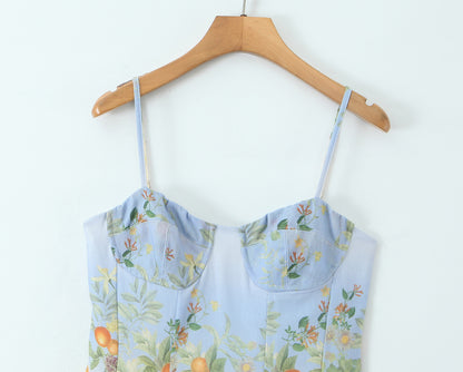 Citrus Blossom Corset Midi Dress | Botanical Print & Ombré