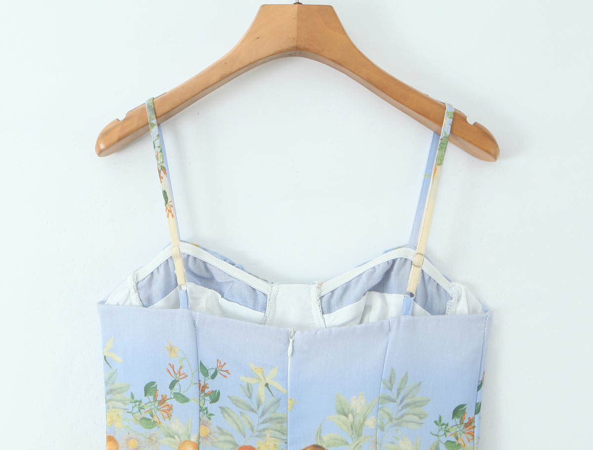 Citrus Blossom Corset Midi Dress | Botanical Print & Ombré