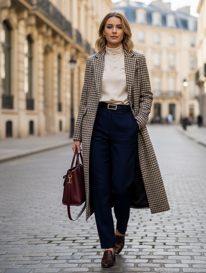 double breasted trench coat, houndstooth long overcoat, Checked blazer coat fall 2025 inspiration camel-brown plaid coat women wear for travel, office workwear, and holiday dinners; structured tailoring meets effortless comfort, patterned coat women, fall plaid coat outfit.
