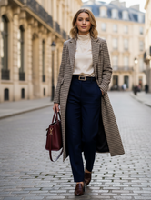 Load image into Gallery viewer, double breasted trench coat, houndstooth long overcoat, Checked blazer coat fall 2025 inspiration camel-brown plaid coat women wear for travel, office workwear, and holiday dinners; structured tailoring meets effortless comfort, patterned coat women, fall plaid coat outfit.