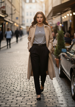 Load image into Gallery viewer, double breasted trench coat women, Long trench coat women with tortoiseshell buttons and relaxed straight cut, perfect classic trench coat women quiet luxury outfit and fall winter belted trench coat outfit women for travel chic, travel trench coat women.