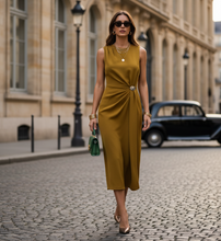 Load image into Gallery viewer, Elegant mustard gold draped midi dress with metallic ring waist and sleeveless silhouette, chic cocktail dress perfect for work-to-evening or date night outfits, cocktail midi dress, sleeveless evening dress, quiet luxury dress.