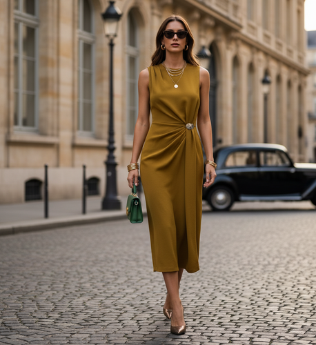 Elegant mustard gold draped midi dress with metallic ring waist and sleeveless silhouette, chic cocktail dress perfect for work-to-evening or date night outfits, cocktail midi dress, sleeveless evening dress, quiet luxury dress.