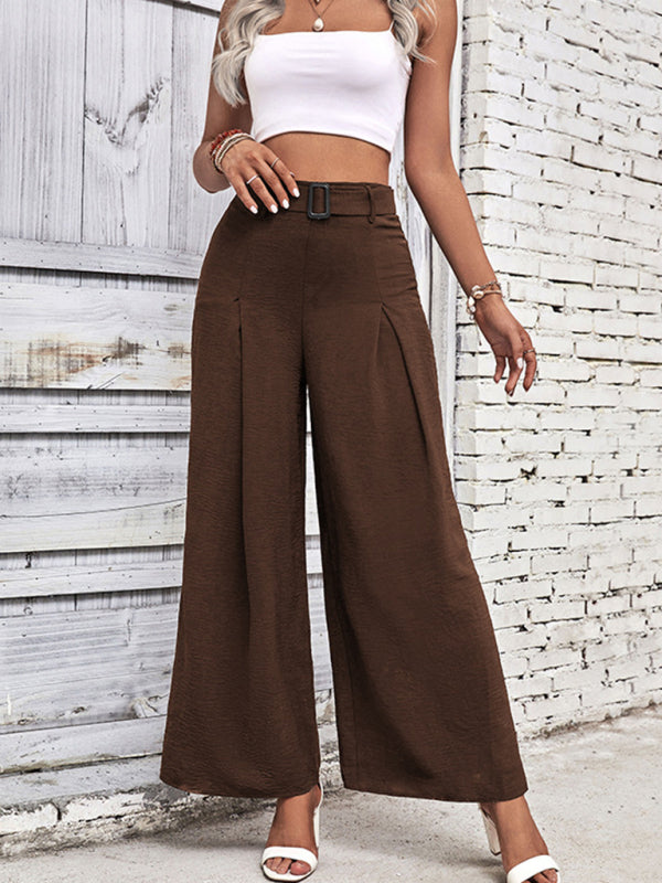 belted wide leg trousers in brown, office ready high waisted pants for women, flowy wide leg dressy trousers, travel-friendly wrinkle resistant work pants outfit for versatile wear, women’s wide leg pants with pockets, wrinkle resistant wide leg pants.