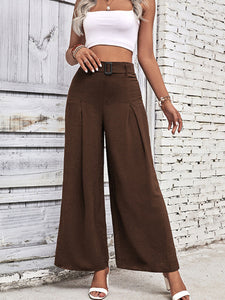 belted wide leg trousers in brown, office ready high waisted pants for women, flowy wide leg dressy trousers, travel-friendly wrinkle resistant work pants outfit for versatile wear, women’s wide leg pants with pockets, wrinkle resistant wide leg pants.