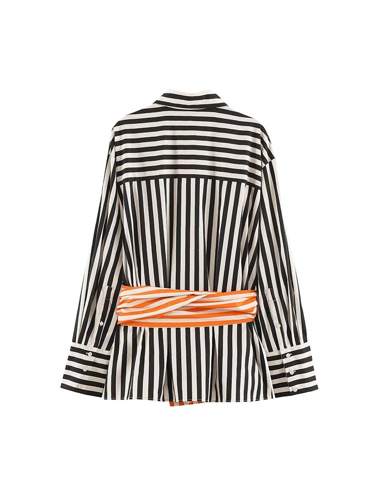Boss Lady Black White Striped Shirt with Orange Waist Tie