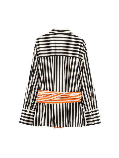 Boss Lady Black White Striped Shirt with Orange Waist Tie