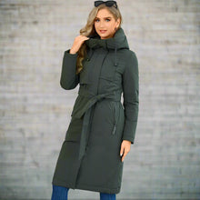 Load image into Gallery viewer, womens down jacket, parka for women, duck down coat, parka coat, belted coat, duck down jacket womens,  womens down coats and jackets duck down jacket, hooded parka jacket, hooded down jacket, down coat, winter coats women, long line coat, womens dressy winter coats, womens outdoor coat, womens long parka coat.