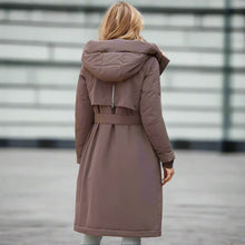 Load image into Gallery viewer, womens down jacket, parka for women, duck down coat, parka coat, belted coat, duck down jacket womens,  womens down coats and jackets duck down jacket, hooded parka jacket, hooded down jacket, down coat, winter coats women, long line coat, womens dressy winter coats, womens outdoor coat, womens long parka coat.