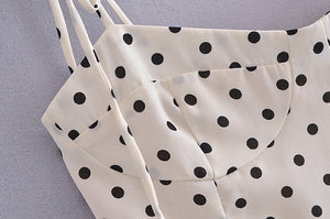 Spring Women Polka Dot Printed Waist-Controlled Tied Spaghetti-Strap Dress