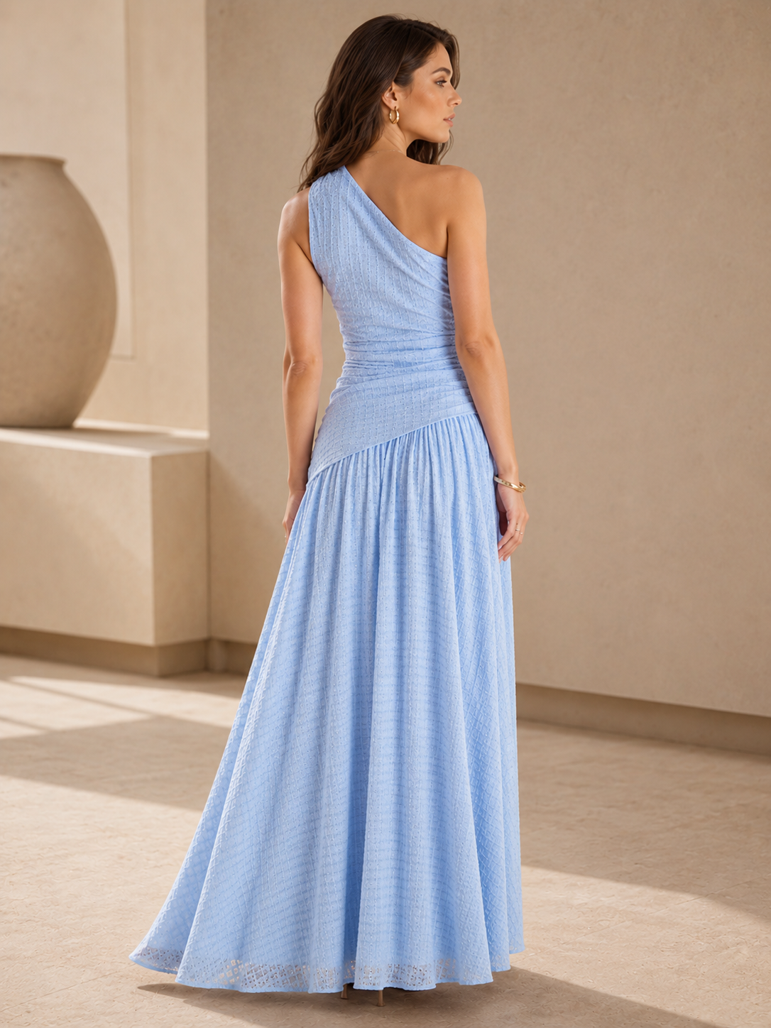 Andrea One Shoulder Ruched Drop-Waist Maxi Dress
